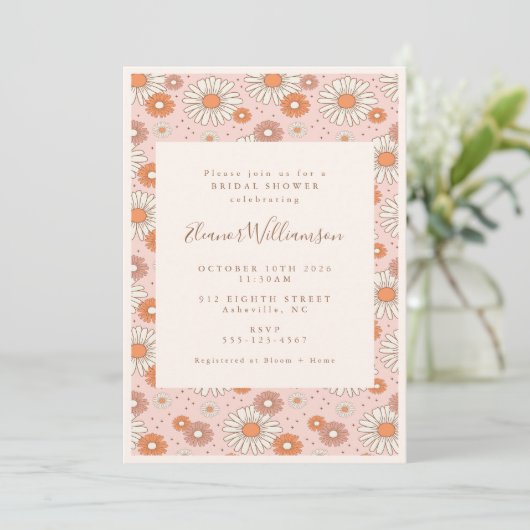 Boho Retro Pastel Pink Floral Vrijgezellenfeest Kaart (Staand voorkant)