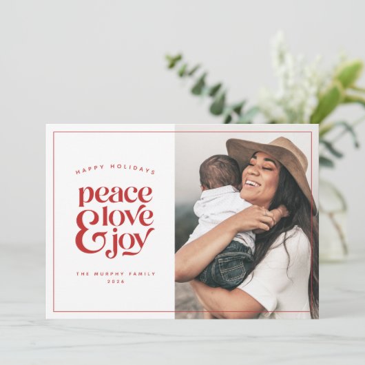 Boho Retro Peace Love Joy Foto met kerstkaart (Staand voorkant)