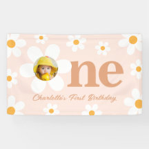 Boho Retro Pink Daisy Eerste Verjaardag Foto