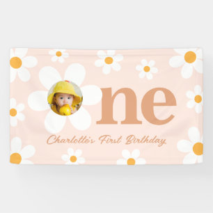 Boho Retro Pink Daisy Eerste Verjaardag Foto Spandoek