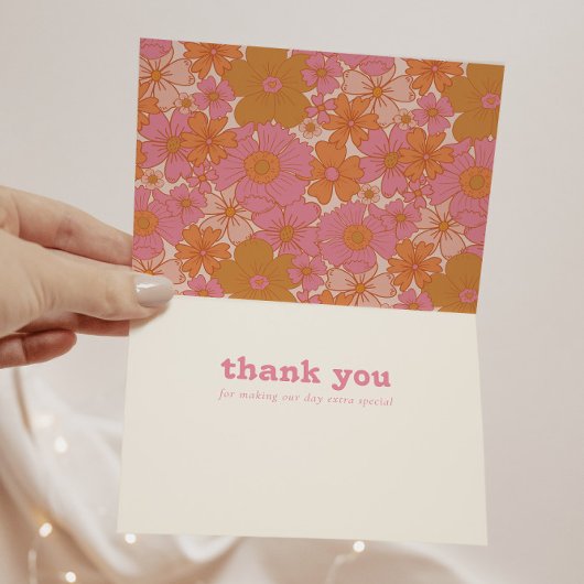 Boho Retro Pink Groovy Bloemenboog Bedankkaart