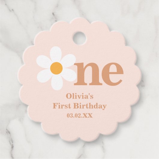 Boho Retro Pink One Daisy Eerste Verjaardag Bedankjes Labels (Voorkant)