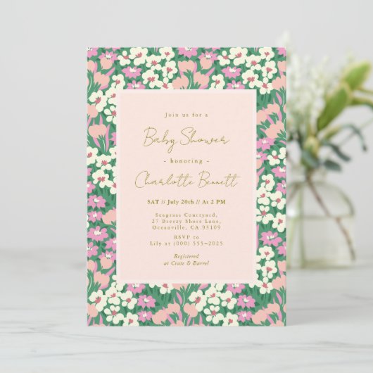 Boho Retro Pink Sage Floral Baby shower Kaart (Staand voorkant)