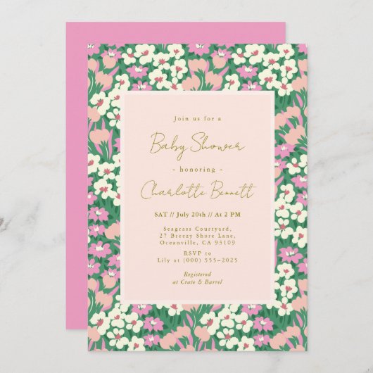 Boho Retro Pink Sage Floral Baby shower Kaart (Voorkant / Achterkant)