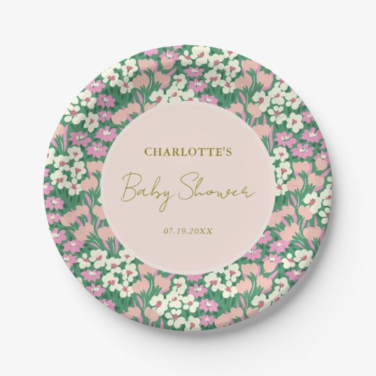 Boho Retro Pink Sage Floral Baby shower Papieren Bordje (Voorkant)