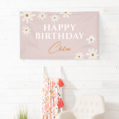 Boho Retro Roze Daisy Bloemen Gelukkige Verjaardag Spandoek (Insitu)