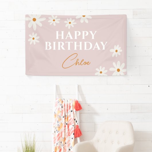 Boho Retro Roze Daisy Bloemen Gelukkige Verjaardag Spandoek (Insitu)