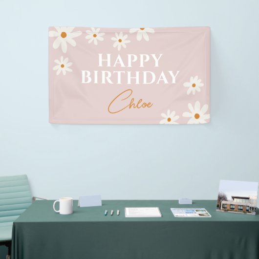 Boho Retro Roze Daisy Bloemen Gelukkige Verjaardag Spandoek (Beurs)