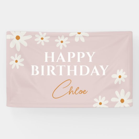 Boho Retro Roze Daisy Bloemen Gelukkige Verjaardag Spandoek (Horizontaal)