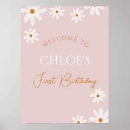 Boho Retro Roze Daisy Meisje Eerste Verjaardag Wel Poster