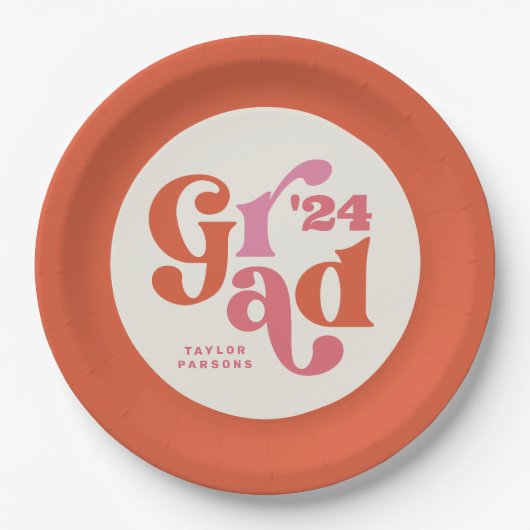 Boho Retro roze en Oranje Afstuderen Papieren Bordje (Voorkant)