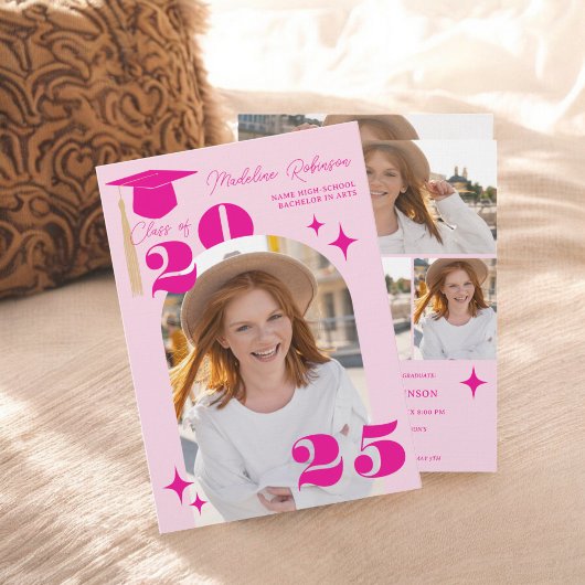 Boho Retro Roze Sterren Modern 4-Foto Afstuderen Kaart