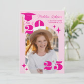 Boho Retro Roze Sterren Modern 4-Foto Afstuderen Kaart (Staand voorkant)