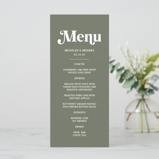 Boho Retro Sage Groene Bruiloft Menu (Staand voorkant)