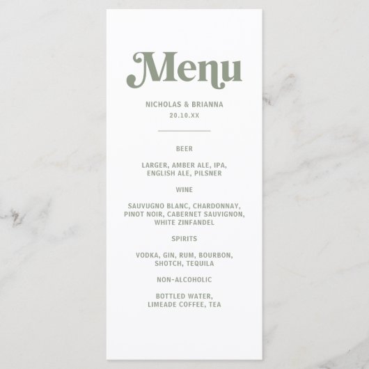 Boho Retro Salie Groene Trouw Dranken Menu (Voorkant)