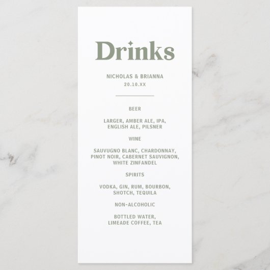 Boho Retro Salie Groene Trouw Dranken Menu (Voorkant)