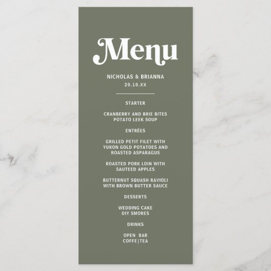 Boho Retro Salie Groene Trouwdag Menu (Voorkant)