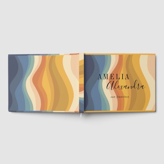 Boho Retro Script Abstract Wavy Lines Geel Blauw Gastenboek (Volledig)