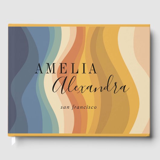 Boho Retro Script Abstract Wavy Lines Geel Blauw Gastenboek (Voorkant)