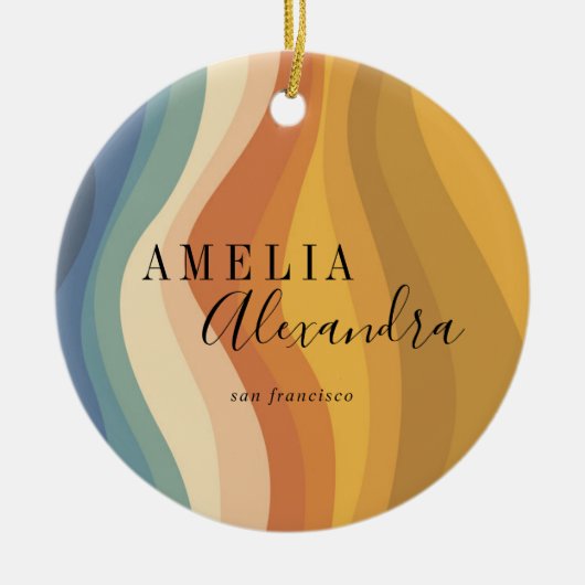 Boho Retro Script Abstract Wavy Lines Geel Blauw Keramisch Ornament (Voorkant)