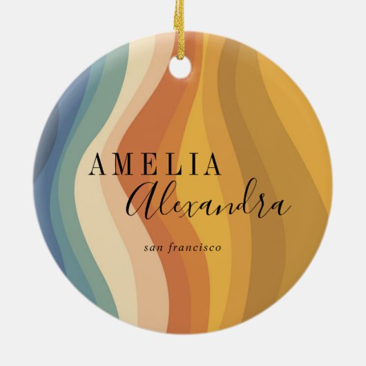 Boho Retro Script Abstract Wavy Lines Geel Blauw Keramisch Ornament (Achterkant)