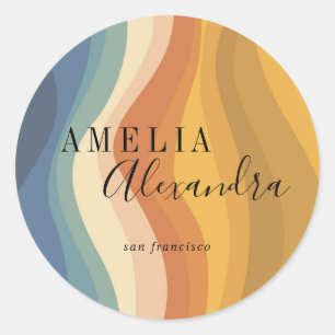 Boho Retro Script Abstract Wavy Lines Geel Blauw Ronde Sticker
