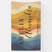 Boho Retro Script Abstract Wavy Lines Geel Blauw Spandoek (Verticaal)