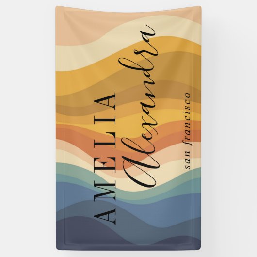 Boho Retro Script Abstract Wavy Lines Geel Blauw Spandoek (Verticaal)