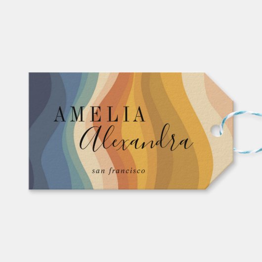 Boho Retro Script Abstracte Golvende Lijnen Geel B Cadeaulabel (Voorkant (Horizontaal))