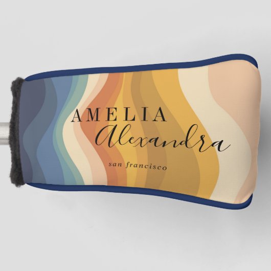 Boho Retro Script Abstracte Golvende Lijnen Geel B Golfheadcover (Voorkant)