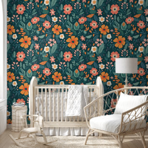 Boho Retro Sinaasappel Groene Bloemen Behang
