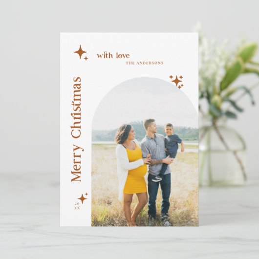Boho Retro Sterren Minimalistische Foto Kerstfamil Feestdagenkaart (Staand voorkant)