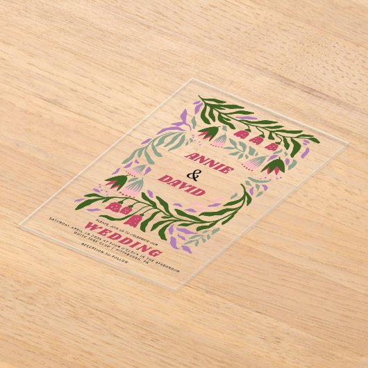 Boho retro takken en folklore bloemen bruiloft acryl uitnodigingen (Laagn)