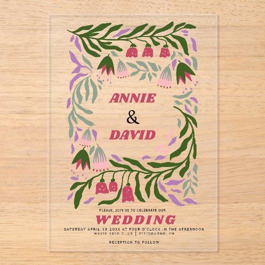 Boho retro takken en folklore bloemen bruiloft acryl uitnodigingen (Voorkant)