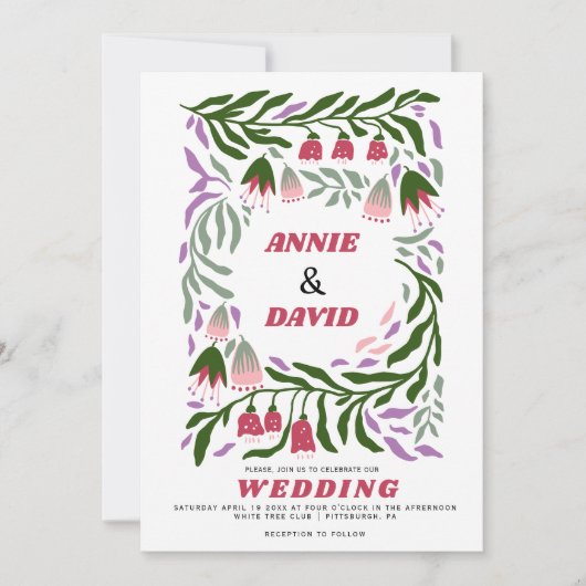 Boho retro takken en folklore bloemen bruiloft kaart (Voorkant)