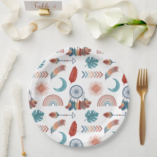Boho Retro Tekeningen Patroon Papieren Bordje (Huwelijk)