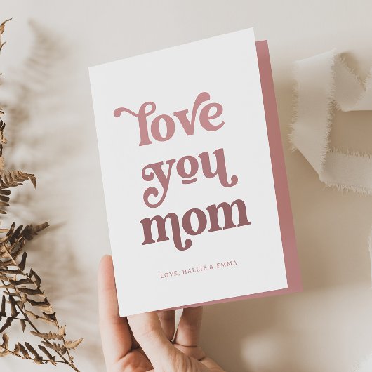 Boho Retro-tekst | Love you Mom verloop roze foto Feestdagen Kaart