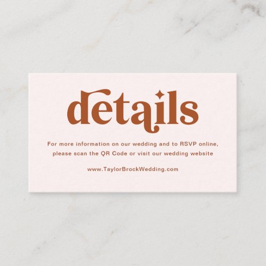 Boho Retro Terracotta Bruiloft Details Informatiekaartje (Voorkant)