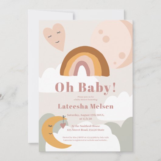 Boho retro terracotta regenboogmaan baby shower kaart (Voorkant)
