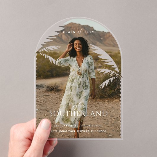 Boho Retro Tropical Palm Tree Afstuderen Foto Acryl Uitnodigingen (Insitu (Draagbaar))