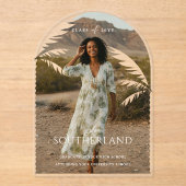 Boho Retro Tropical Palm Tree Afstuderen Foto Acryl Uitnodigingen (Voorkant)