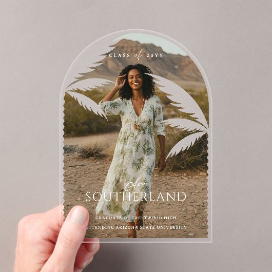 Boho Retro Tropical Palm Tree Afstuderen Foto Acryl Uitnodigingen (Insitu (Draagbaar))