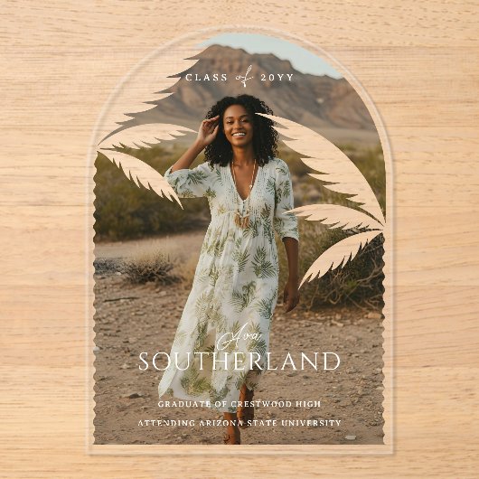 Boho Retro Tropical Palm Tree Afstuderen Foto Acryl Uitnodigingen (Voorkant)