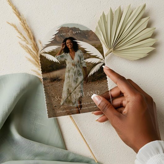 Boho Retro Tropical Palm Tree Afstuderen Foto Acryl Uitnodigingen