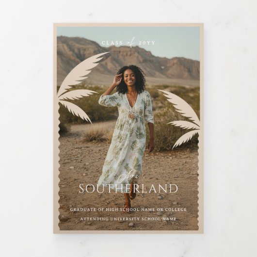 Boho Retro Tropical Palm Tree Afstuderen Foto Drieluik Aankondiging (Cover)