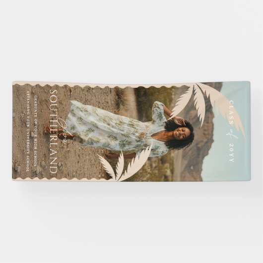 Boho Retro Tropical Palm Tree Afstuderen Foto Spandoek (Horizontaal)