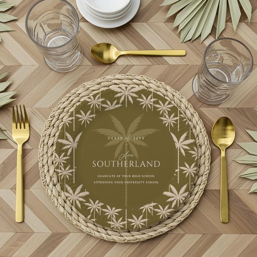 Boho Retro Tropical Palm Tree Pattern Afstuderen Papieren Bordje
