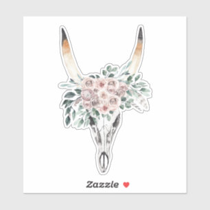 Boho retro vintage koe stier hoorns schedel bloeme sticker