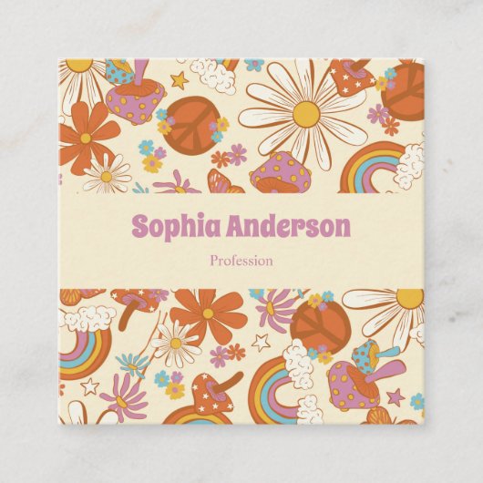 Boho Retro Visitekaartje met Pastel 70s Bloemen (Voorkant)