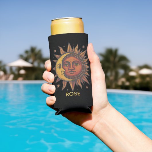 Boho Retro Zon en Maan Aangepaste Naam Seltzer Blikjeskoeler (Insitu Zwembad)